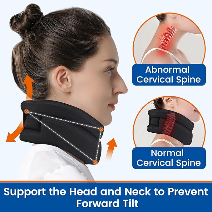 Neck Support Brace for Snoring Sleep Apnea, Soft Cervical Collar for Cervicorrect, Pain Relief, Posture Corrector, Sprainand(Black, 14-16.5 inch)