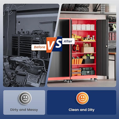 Yizosh Metal Garage Storage Cabinet with Locking Doors and Adjustable Shelves,- 75" Rolling Steel Tool Cabinet for Home Office,Garage,Warehouse