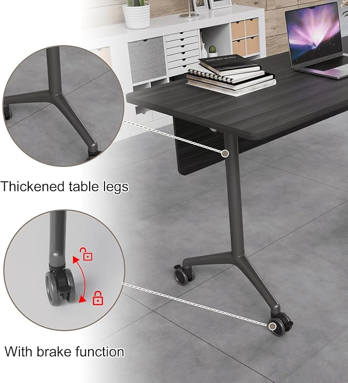 Folding Conference Table, Rectangular Conference Room Tables, Mobile Modular Training Table, Solid Steel Frame,Thickened Panel,for Offices,Meeting Room,Offices andSchools (4, Ebony, 55in)