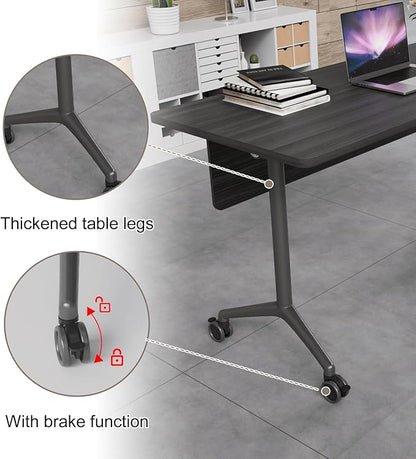 Folding Conference Table, Rectangular Conference Room Tables, Mobile Modular Training Table, Solid Steel Frame,Thickened Panel,for Offices,Meeting Room,Offices andSchools (4, Ebony, 55in)