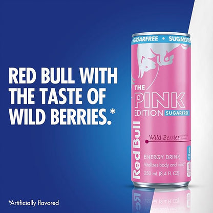 Red Bull Pink Edition Sugar-Free Energy Drink, Wild Berries, with 114mg Caffeine plus Taurine & B Vitamins, 12 Fl Oz, 6 Packs of 4 Cans (Pack of 24)