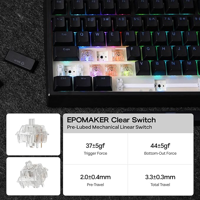 EPOMAKER G84 80% RGB Gaming Mechanical Keyboard, 2.4GHz/ Type-C/BT Wireless Keyboard, QMK/VIA Programmable, Hot-Swappable, NKRO, with Shine Through PBT Keycaps for Gamers (Black, Clear Switch)