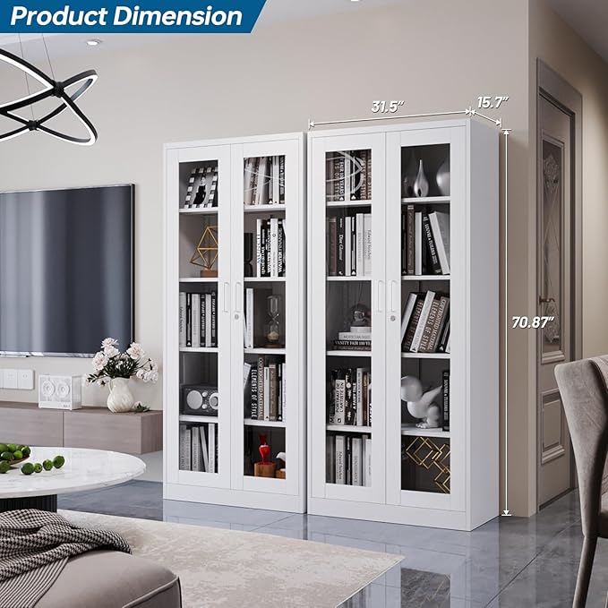 Display Storage Cabinet with Glass Door, 71 Inches Metal Curio Cabinet with 4 Adjustable Shelves, Locking Glass Display Case for Home, Office, Clinic, Pantry, Assemble Required (White)