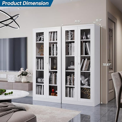 Display Storage Cabinet with Glass Door, 71 Inches Metal Curio Cabinet with 4 Adjustable Shelves, Locking Glass Display Case for Home, Office, Clinic, Pantry, Assemble Required (White)