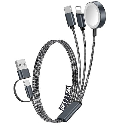 1Pack Multi Charging Cable Cord for Travel Essentials,Apple Watch Charger,iPhone Charger,[3-in-2] Type C/Lightning Cable Portable Designed for iWatch,iPhone 17-8,Galaxy S25-21,AirPods,iPad-1.5M Black