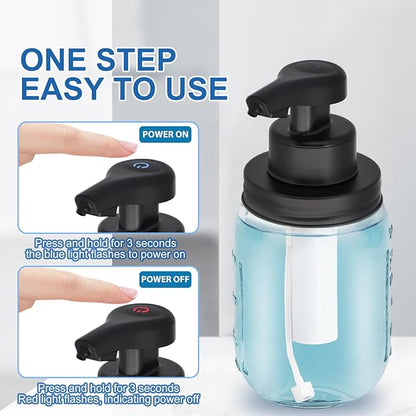 12 oz Automatic Touchless Foam Glass Soap Dispenser, Rechargeable Hands Free Liquid Mason Jar Soap Dispenser with Electric Sensor Pump, Refillable Lotion Bottle for Bathroom Kitchen Countertop