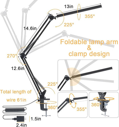LED Desk Lamp for Home Office, Clamp-On with 5 Light Modes & Auto Shut Off | 14W Adjustable Brightness 5000K Eye-Caring Lighting for Study/Bedroom/Computer Desk