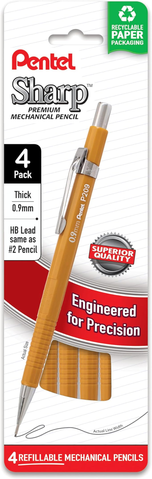 Pentel Sharp Mechanical Pencil, (0.9mm), Bold Line, Yellow Barrel, Pack of 4 (P209PF4G)