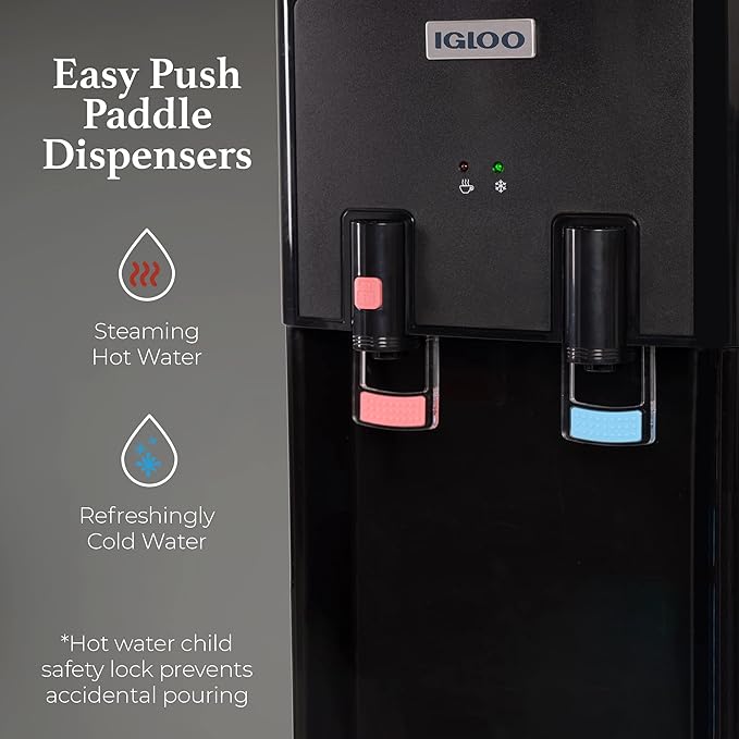 Igloo Top Loading Water Cooler – Hot & Cold Dispenser – Black & Stainless Steel, Holds 3 & 5 Gallon Jugs, Child Safety Lock – for Homes, Kitchens, Offices, Dorms