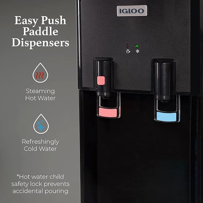 Igloo Top Loading Water Cooler – Hot & Cold Dispenser – Black & Stainless Steel, Holds 3 & 5 Gallon Jugs, Child Safety Lock – for Homes, Kitchens, Offices, Dorms