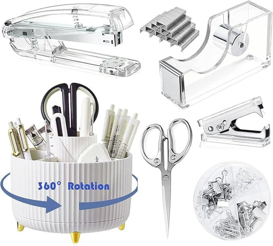 Desk Organizers and Accessories 7Pcs Set with 360-Degree Rotating Pen Holder, Acrylic Stapler, Tape Holder, Staple Remover, Binder/Paper Clips Kit, Scissor and 1 Box of Staples