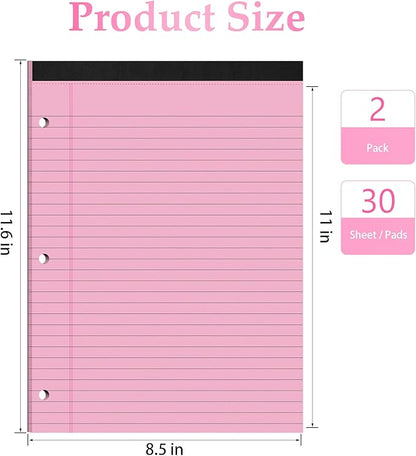 HAUTOCO 2 Pack 8.5 x 11 Legal Pads Pink Wide Ruled Notepads Perforated Writing Pads, 30 Sheets Per Notepad, 3-Hole Punched Paper, Writing Note Pads for School, Home, Office, Business