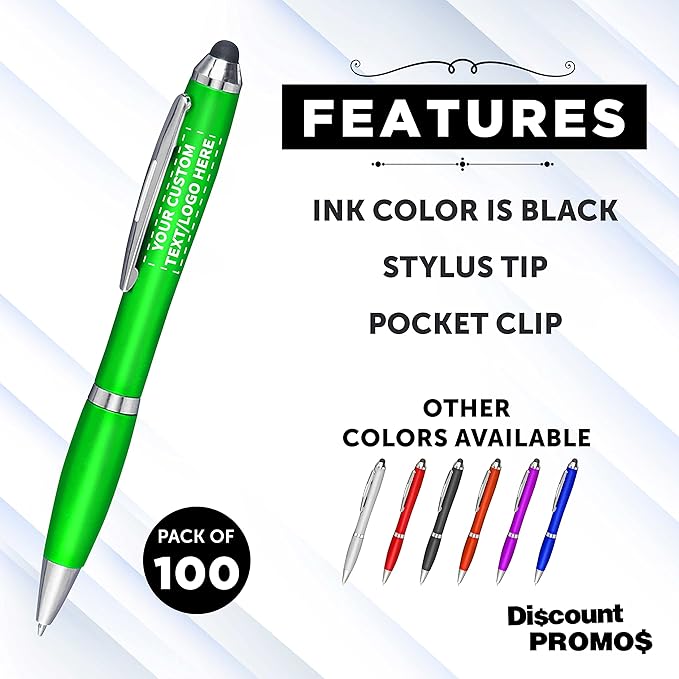 DISCOUNT PROMOS Custom Plastic Stylus Pens Set of 100, Personalized Bulk Pack - Black Ink, Great for Office, School, Business, Tradeshows, Events - Green
