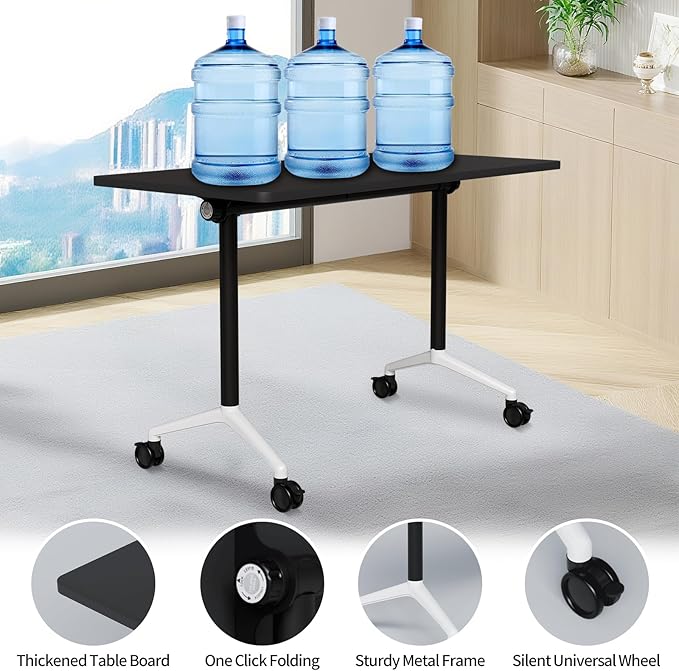 Conference Table Folding Conference Room Tables, Modern Mobile Meeting Training Table with Silent Wheels, Foldable Seminar Table for Offices, Classrooms, Libraries (10, Black, 55.1in)