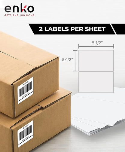 enKo 5-1/2 x 8-1/2 Inch Label - White Blank - 2 Per Sheet Half Shipping Labels for Laser Inkjet Printer (500 Sheets, 1000 Labels)