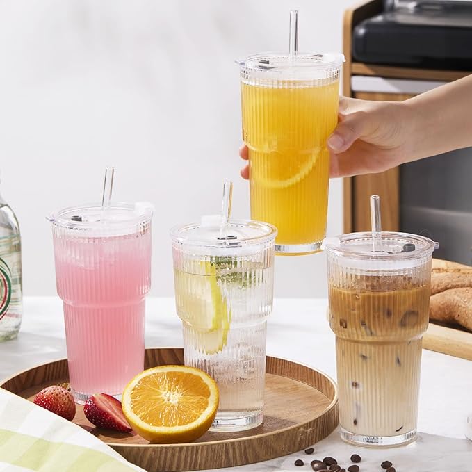 GOSCHE 20oz Glass Tumblers with Straws and Lids, Ribbed Iced Coffee Cups Leak-proof, Dishwasher Safe, Thickened Glass Cups with Lids Ideal for Coffee and Travel, Clear, 4 Pack