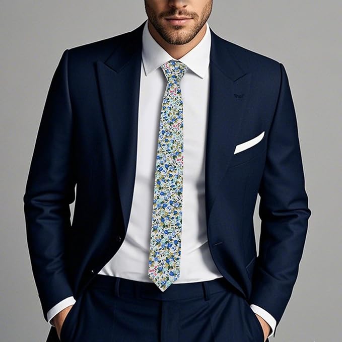 Cotton Floral Ties for Men 2.76" Men's Skinny Tie Linen Flower Printed Neck Tie for Wedding Dating Party
