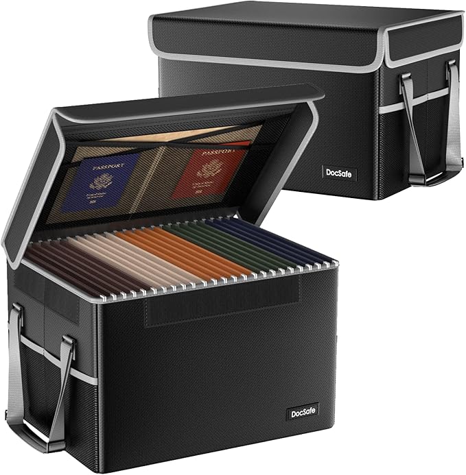 DocSafe File Box Fireproof File Storage Organizer with Lid,Collapsible Document Storage Filing Case for Hanging Letter/Legal Folders,Portable Home Office Safe Cabinet with Handle,Black,2 Pack