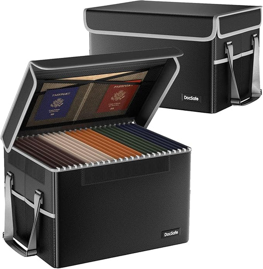 DocSafe File Box Fireproof File Storage Organizer with Lid,Collapsible Document Storage Filing Case for Hanging Letter/Legal Folders,Portable Home Office Safe Cabinet with Handle,Black,2 Pack