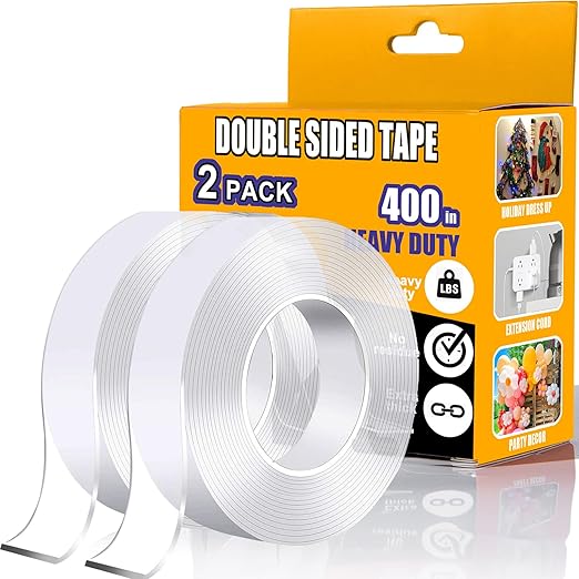 Double Sided Tape Heavy Duty 2 Pack, 1.2 Inch x 400 Inch ，Extra Large Nano Double Sided Adhesive Tape for Walls, Carpets, and Posters - Removable Reusable, Washable(33.3FT)