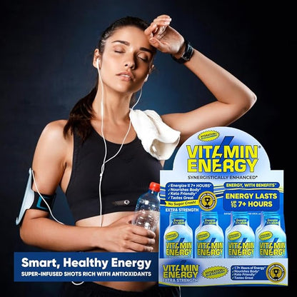 Vitamin Energy Hydration+ Extra Strength Energy Shot Blue Raspberry 24 Pack, 260mg Natural Caffeine, Electrolytes, BCAAs, Amino Acids, Hydration & Performance, Zero Sugar, Gluten-Free, 1.93 fl oz