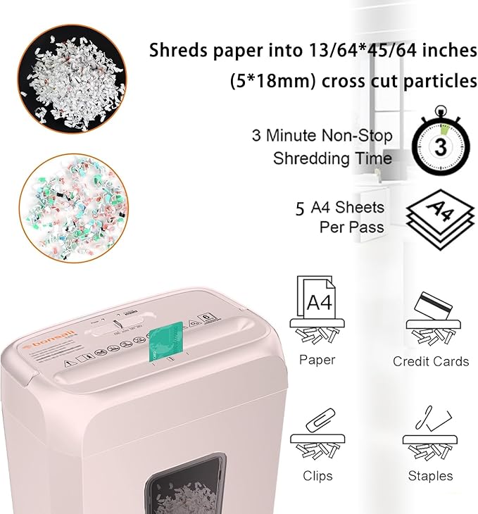 Bonsaii 5-Sheet Crosscut Shredder for Home & Office, Shreds Paper, Credit Cards, Staples & Paper Clips, 3.4-Gallon Pullout Bin, Compact & Stylish in Pink