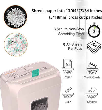 Bonsaii 5-Sheet Crosscut Shredder for Home & Office, Shreds Paper, Credit Cards, Staples & Paper Clips, 3.4-Gallon Pullout Bin, Compact & Stylish in Pink