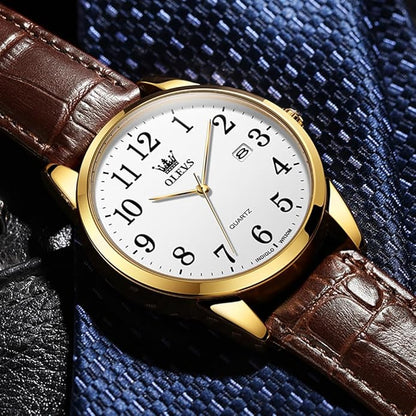 OLEVS Watch Men Mens Watches Watches for Men Leather Band Classic Brown Leather Watch Men, Analog Watch Men, Black Mens Leather Watch, Dress Waterproof Large Face Mens Watch,Relojes para Hombres Watch