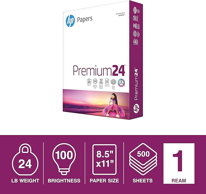 HP Printer Paper | 8.5 x 11 Paper | Premium 24 lb | 1 Ream - 500 Sheets | 100 Bright | Made in USA - FSC Certified | 112400R