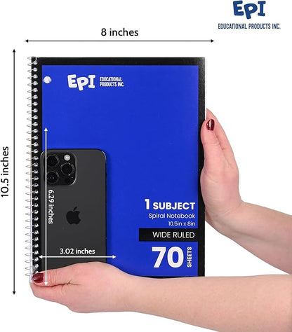 EPI Spiral Notebook | Wide - 70 Sheets, Durable Spiral Binding | 10.5 x 8 in | Classroom Supplies | School, Office, Note Taking, Journaling - 12 Pack