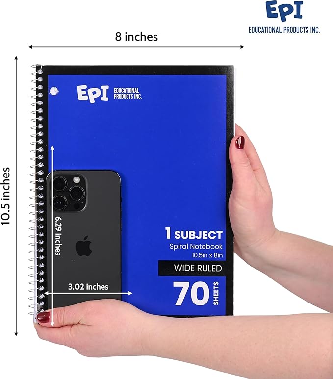 EPI Spiral Notebook | Wide - 70 Sheets, Durable Spiral Binding | 10.5 x 8 in | Classroom Supplies | School, Office, Note Taking, Journaling - 12 Pack