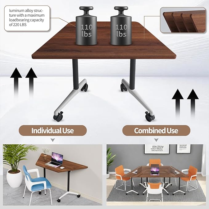 Conference Room Table, 47.2 Inch Folding Conference Tables with Wheels, Modern Office Meeting Table, Easy Flip & Nest Design, Rectangular Seminar Tables with Metal Frame for 2-24 People (K, 4PCS)