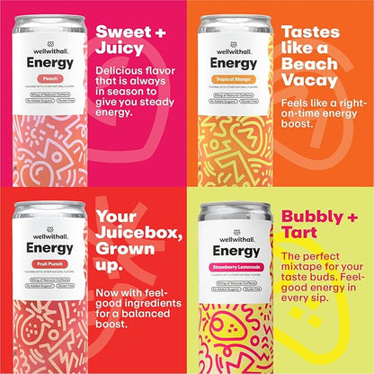 WellWithAll Energy Drink Variety Pack – Strawberry Lemonade, Fruit Punch, Tropical Mango, and Peach Flavors – Caffeine from Tea – With Vitamin C – Lightly Sparkling Beverage – Fruit & Veggie Juice Blend – 12 Oz (Pack of 12 – 3 Cans of Each Flavor)