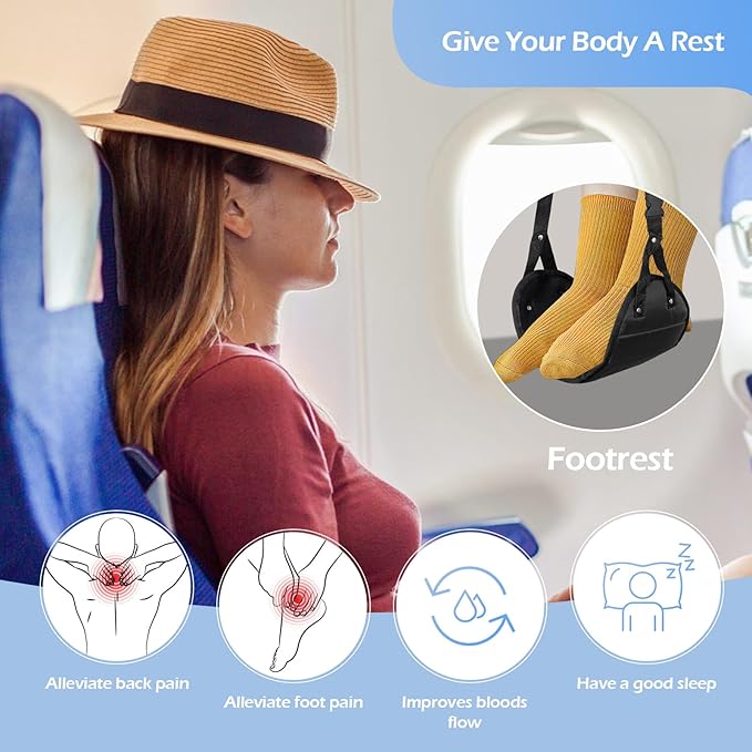 Airplane Foot Hammock, Portable Airplane Footrest to Relax Feet, Adjustable Foot Hanger for Long Trip Home Office, Travel Essentials, Black