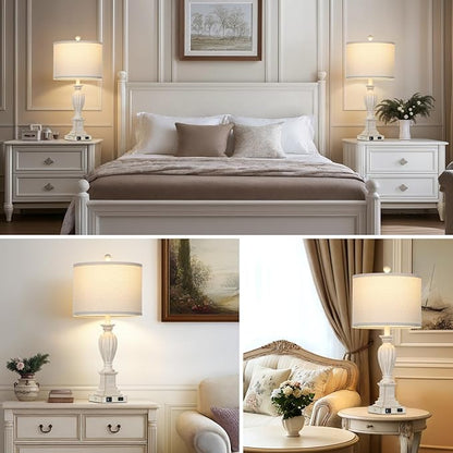 27" Farmhouse Table Lamps Set of 2 with USB C+A Ports & AC Outlet for Vintage Living Room Retro Bedroom,3-Way Dimmable Touch Lamp Resin Bedside Lamps for Nightstand Side End Table,Cream