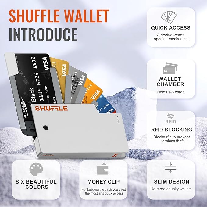 Shuffle Wallet for Men - Innovative Deck-of-Cards Opening Mechanism Wallet with RFID Blocking, Ultim Slim Modular Design to Holds 6-8 Cards, Sleek Money Clip & Aluminum Men Wallet (Polar Ice)