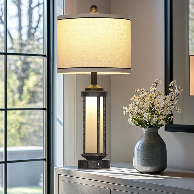 Farmhouse Table Lamp, 27" Vintage Rustic Retro Beside Lamp with USB A+C Charging Ports & AC Outlet, Industrial Modern Lamp with Glass LED Night Light for Living Room Bedrooms Nightstand 1 Pack