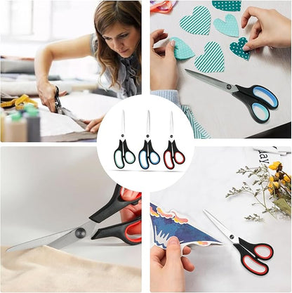 3-Pack 8" Heavy Duty Scissors with Ultra Sharp Blades and Comfort Grip Handles - For Office, Home, School, Sewing, and Crafts (Black Green/Black Red/Black Blue)