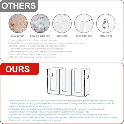 WINFFOR Disposable Cup Organizer Dispenser - 3 Compartments Clear Acrylic Cup and Lid Holder with Handles Plastic Cup Dispenser Countertop Paper Cup Holder for Coffee Bar House Party Essentials