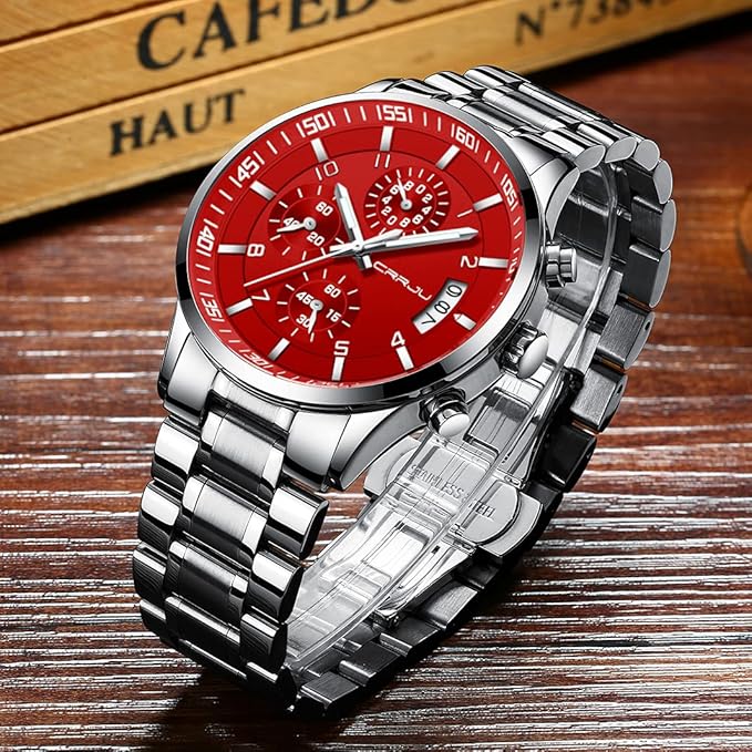 CRRJU Men's Fashion Stainless Steel Watches Date Waterproof Chronograph Wristwatches,Black Steel Band Waterproof Quartz Watch for Men