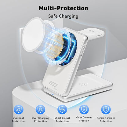 Acer 3 in 1 Charging Station for iPhone, Wireless Charger Stand,15W Fast MagSafe Charger for iPhone 17 16 15 14 13 12 Series-Apple Watch 11 10 9 8 7 6 5 4 3 2 SE and Ultra Series-Airpods 4 3 2 Pro