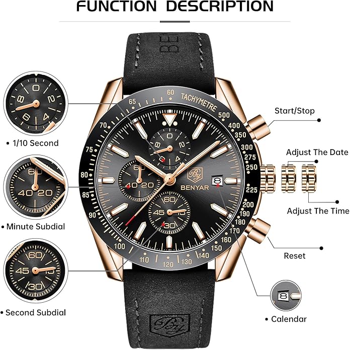BY BENYAR Watch for Men Analog Quartz Chronograph Waterproof Luminous Designer Mens Wrist Watches Business Work Sport Casual Dress Watch with Silicone Strap Elegant Gifts for Men