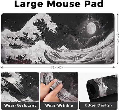 Black Wave of Kanagawa Patterns Desk Mat, Large Gaming Mouse Pad Non-Slip Rubber Base with Stitched Edges, Waterproof Protection for PC Laptop Home Office Desk Decor (35.4x15.7in)