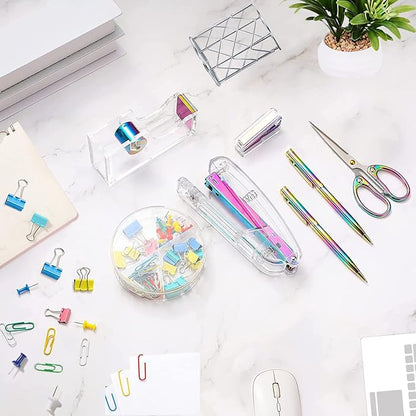Famassi Dream Color Acrylic Stapler and Tape Dispenser Set, Office Supplies with Tape Dispenser, Stapler Remover, 2 Ballpoint Pen, Scissor, Binder Clips, Paper Clips and 1000pcs Staples