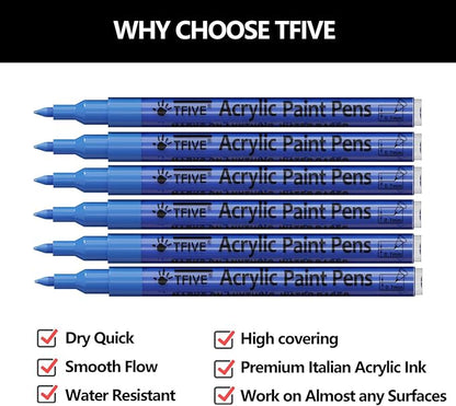 Blue Marker Paint Pens - 6 Pack Acrylic Blue Permanent Marker, 0.7mm Extra Fine Tip Paint Pen for Art projects, Drawing, Rock Painting, Stone, Ceramic, Glass, Wood, Plastic, Metal, Canvas DIY Crafts