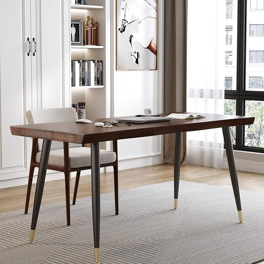Modern Simple Style 55" Standing Desk Study Computer Desk - Black Metal Frame, Solid Wood Planks, for Home Office Bedroom