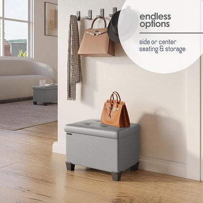 STORAGEBUD Storage Ottoman Cube with Small Bin, 16-in Square Ottoman with Storage for Living Room and Bedroom, Small Ottomans Foot Rest, Faux Leather Foot Stools Ottomans Max 330lbs, Light Grey