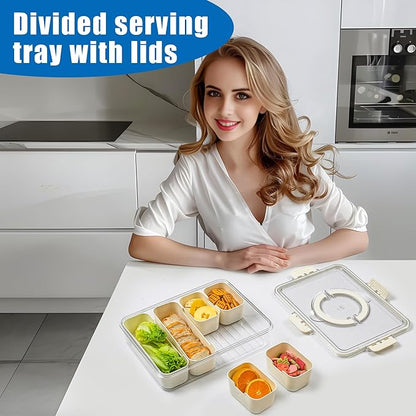 Bandesun Divided Serving Tray with Lid and Handle - Clear Organizer for Candy, Fruits, Nuts, Snacks - Snackle Box Charcuterie Container for Portable Snack Platters - Perfect for Party, Entertaining