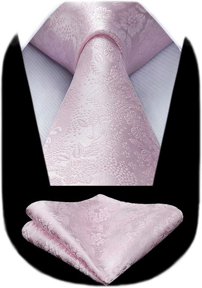 HISDERN Men Floral Ties Woven Classic 3.4" Necktie Set Formal Tie Pocket Square for Wedding with Handkerchief Gift Box