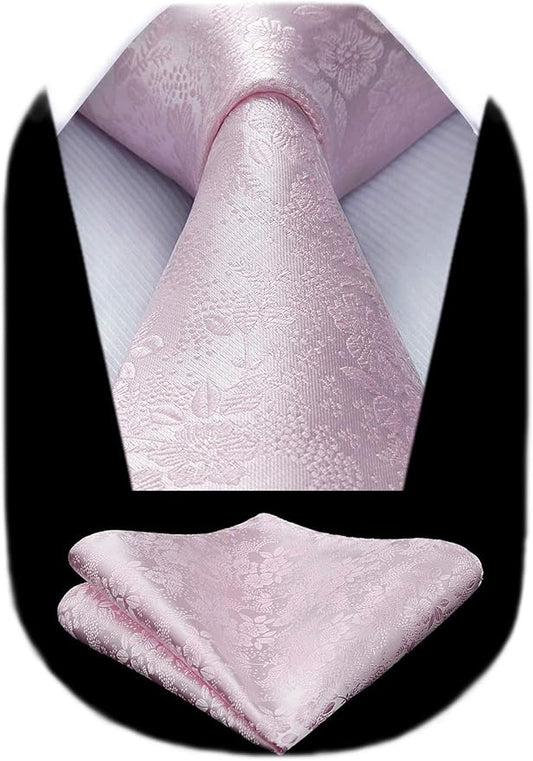 HISDERN Men Floral Ties Woven Classic 3.4" Necktie Set Formal Tie Pocket Square for Wedding with Handkerchief Gift Box